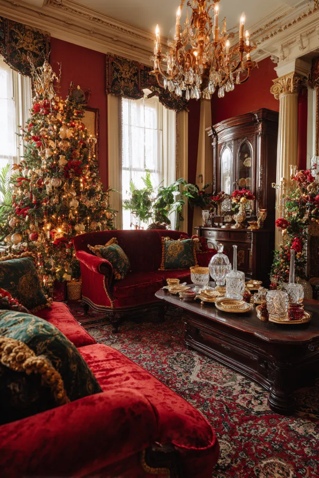 Victorian Parlor Christmas with Ornate Tree and Crystal Decanters