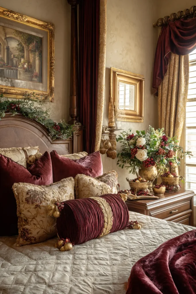 Burgundy Brilliance- Traditional Gold and Deep Red Holiday Bedroom