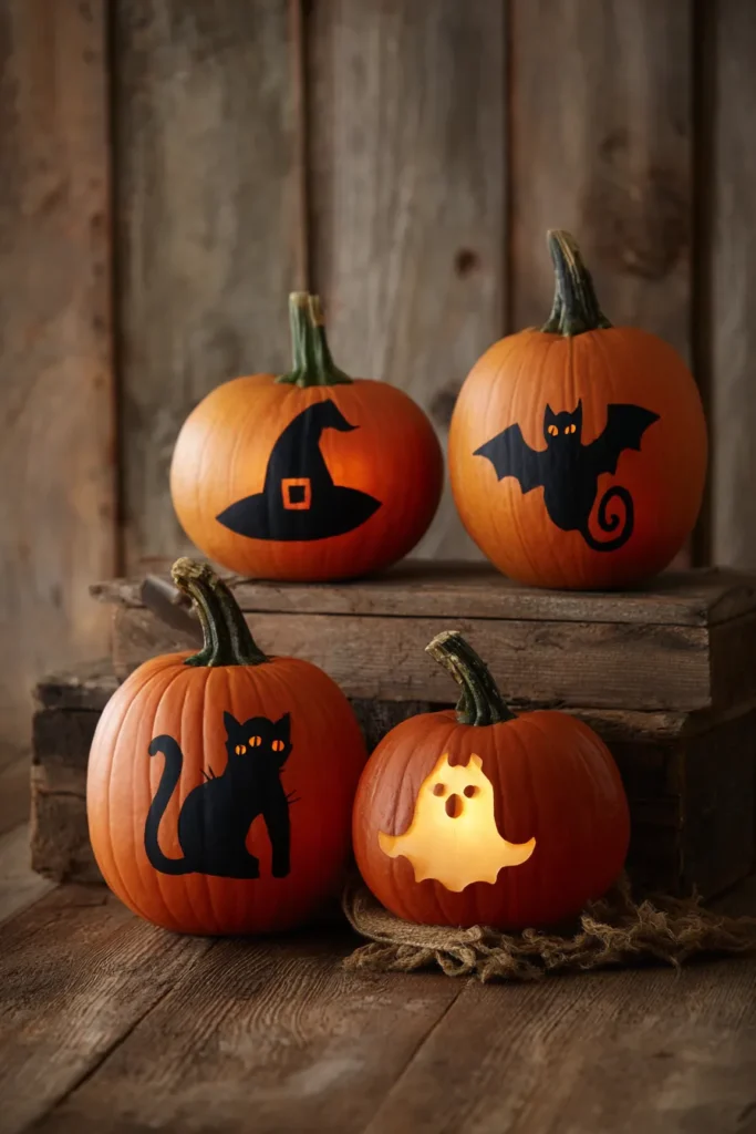 Classic Halloween Symbol Pumpkin Collection with Hand-Carved Silhouettes