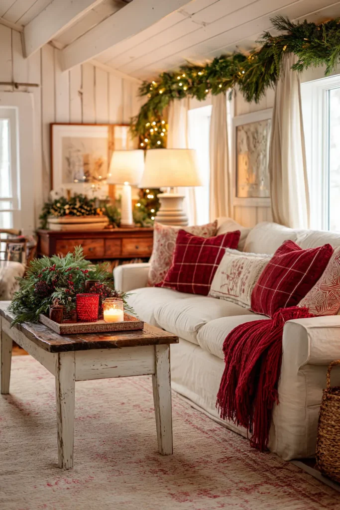 Cottage Living Room with Cozy Christmas Decor