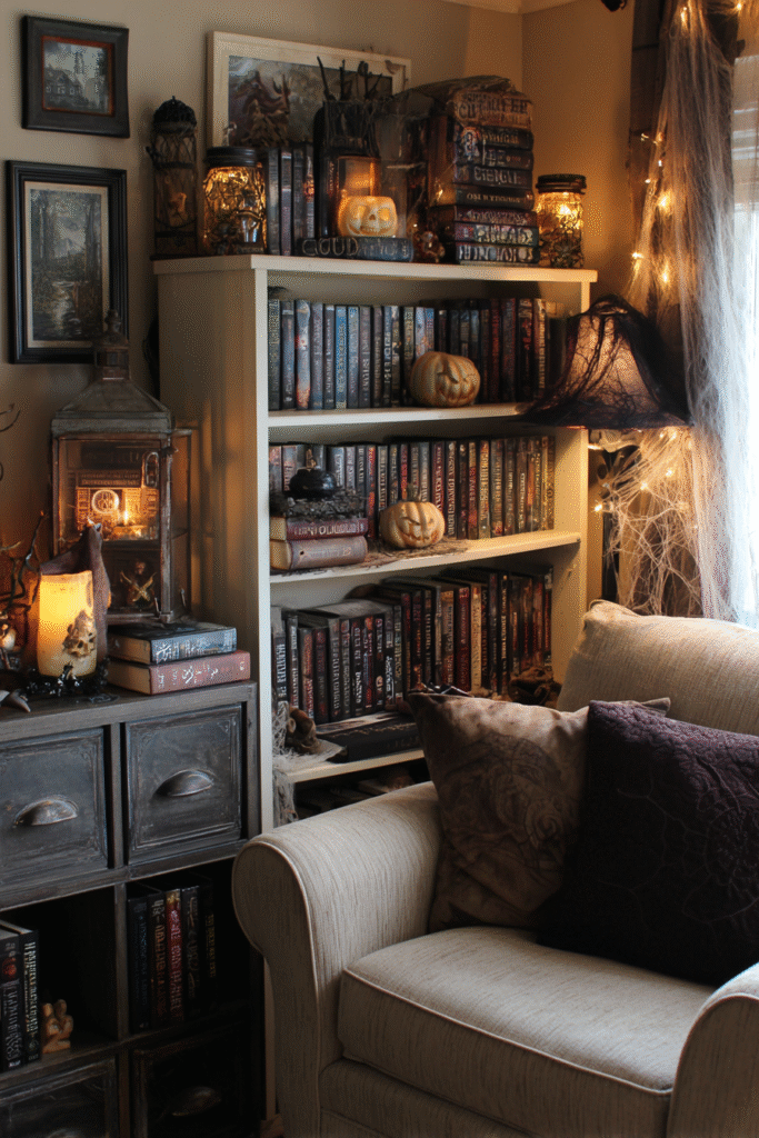 Den Corner Halloween Spooky Bookcase and Decor Ideas