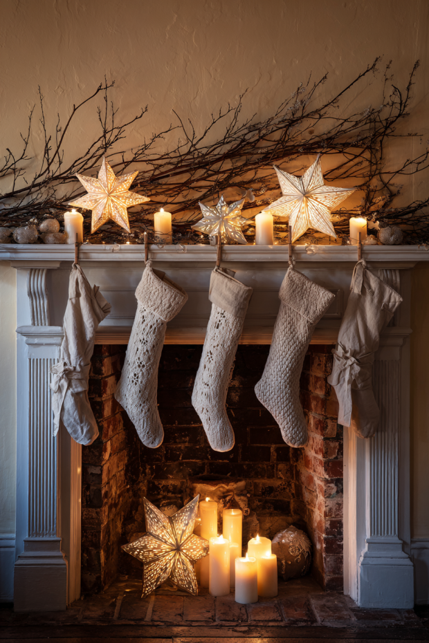 Fireplace Mantel with White-Painted Branches and Paper Star Decorations