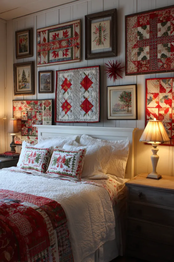 Guest Bedroom Wall with Vintage Christmas Quilts as Textile Art