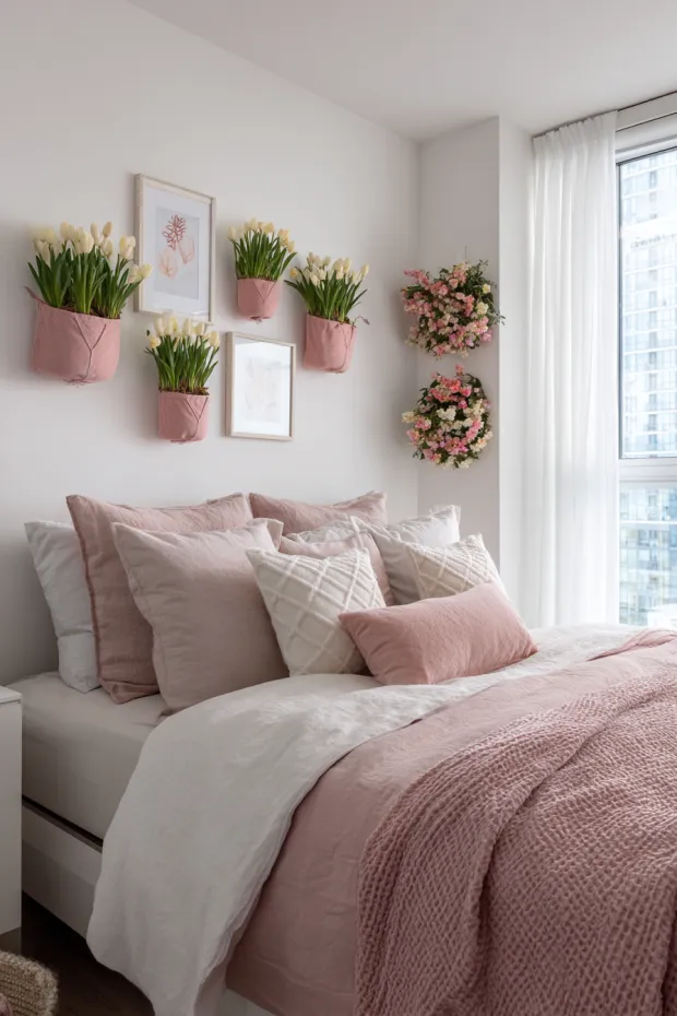 Small Apartment Bedroom with Wall-Mounted Spring Bulb Planters