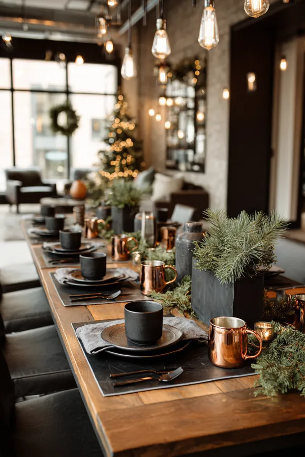 Industrial Holiday Dining Decor with Urban Evergreen Accents