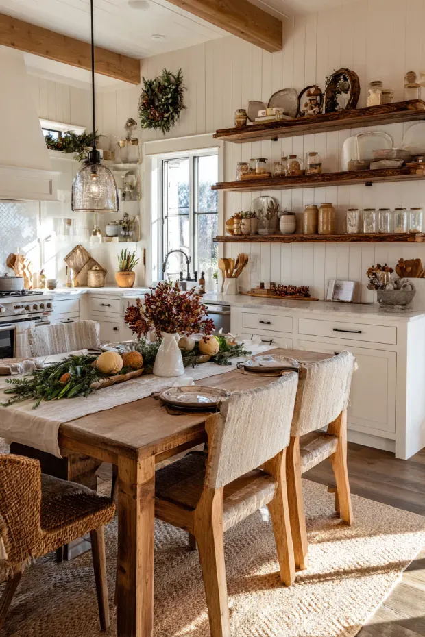 Modern Farmhouse Kitchen with Seasonal Shelving and Mixed Centerpieces