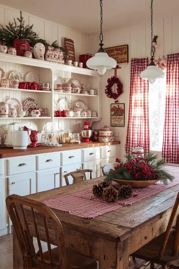 Farmhouse Kitchen Christmas with Vintage Dishes and Enamelware