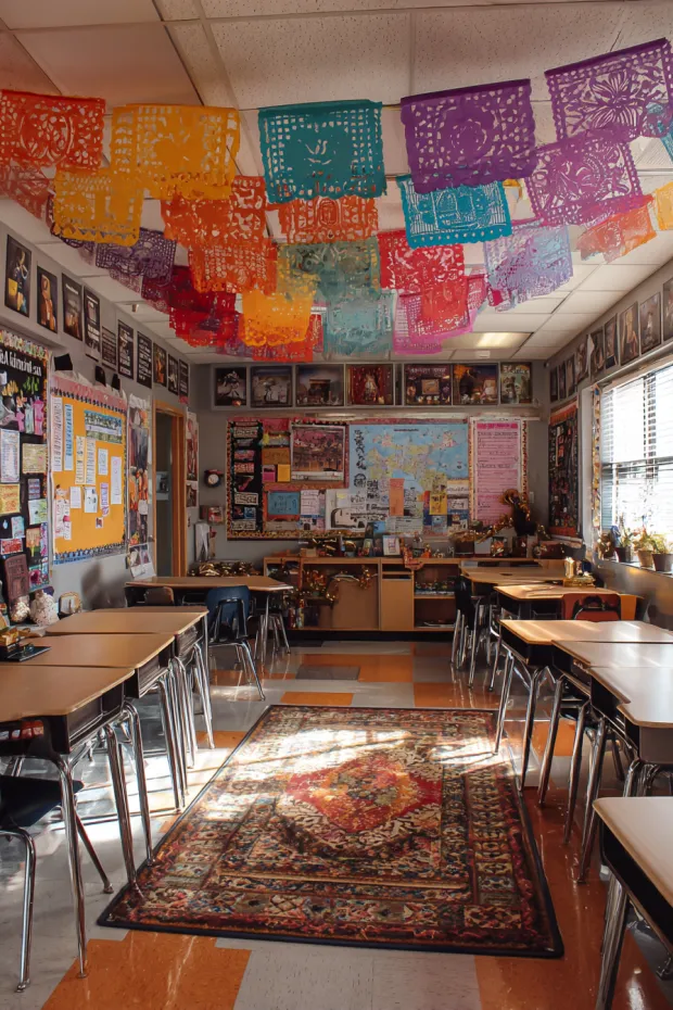 Spanish Language Classroom with Papel Picado and Cultural Displays
