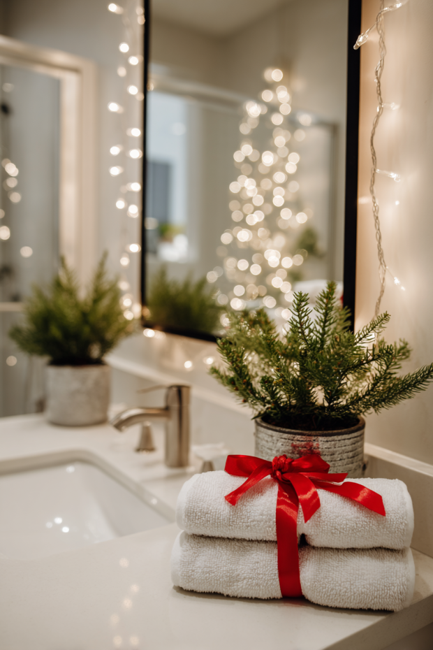 Bathroom Vanity with Potted Evergreens and Fairy Light Reflections