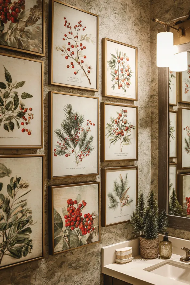 Bathroom Wall with Christmas Botanical Prints and Coordinated Frames