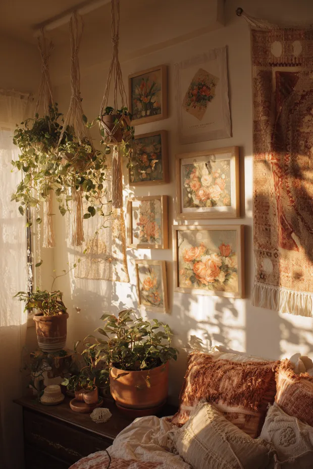 Bohemian Bedroom with Macrame Plant Hangers and Vintage Easter Postcards