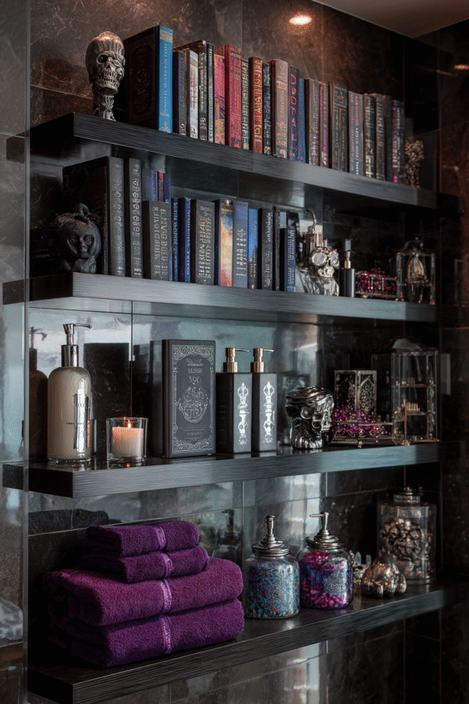 Master Bathroom Halloween Spooky Bookcase and Decor Ideas