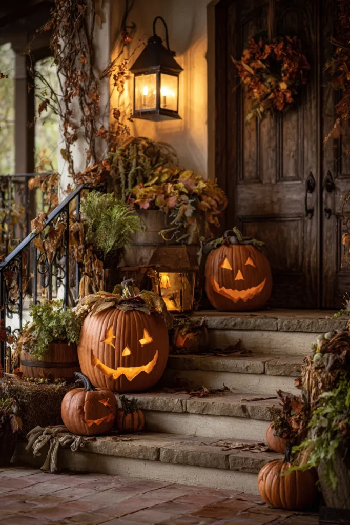 Seasonal Decor Display with Multiple Carved Pumpkins