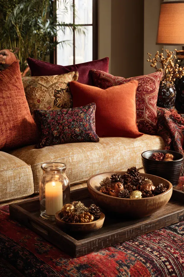 Traditional Living Room Styling with Autumn-to-Holiday Warm Textures