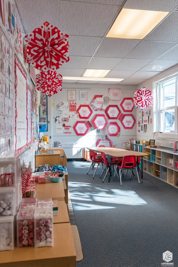 Math Classroom with Geometric Snowflakes and Candy Cane Number Lines