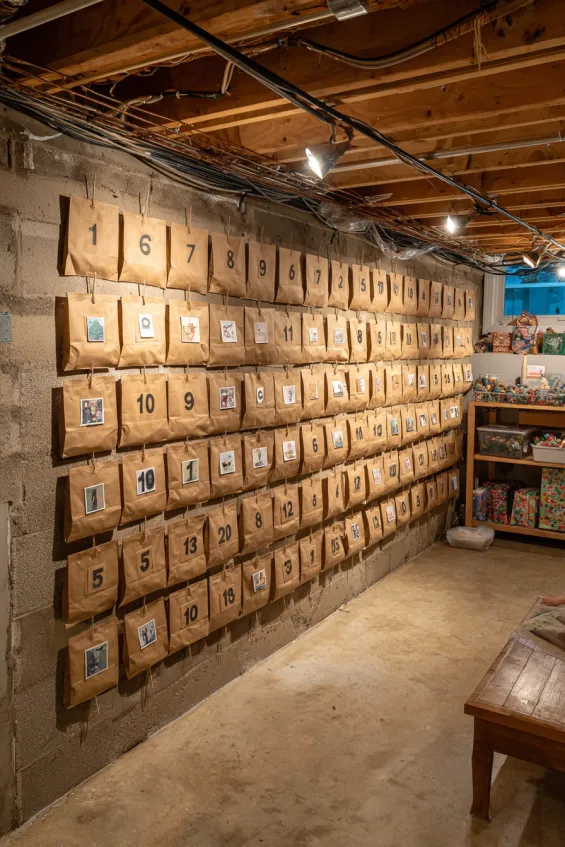 Basement Family Room Wall with Christmas Countdown Calendar Grid