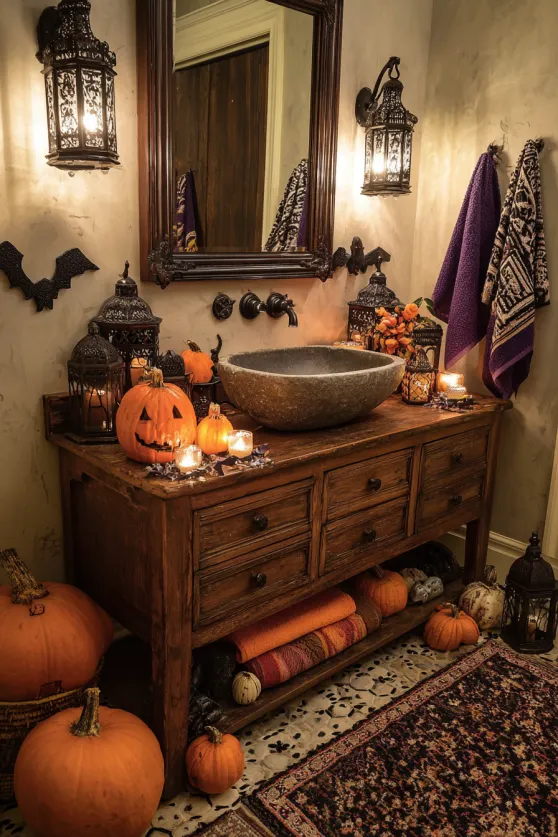 Cozy Log Cabin Halloween Bathroom