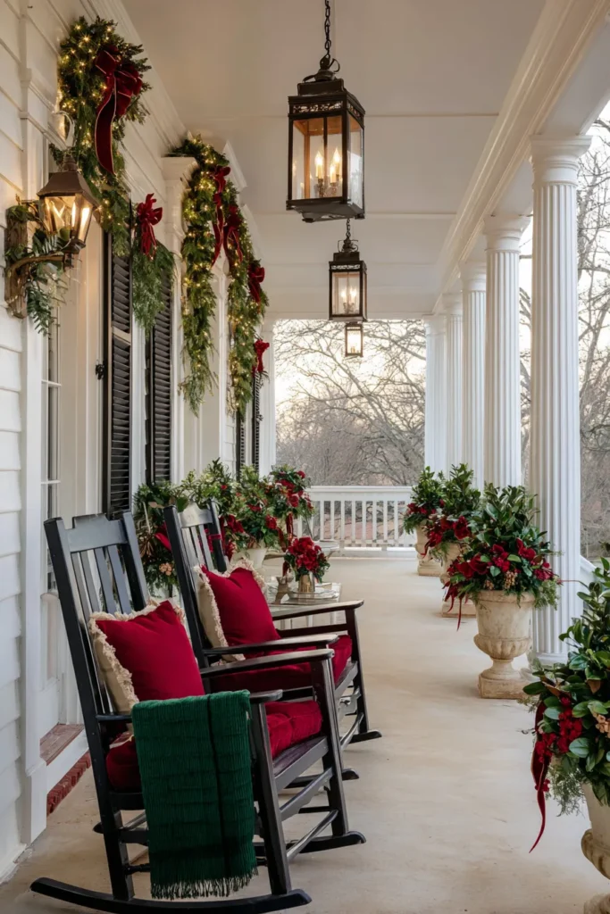 Elegant Southern Colonial Christmas Porch with Magnolia Garland