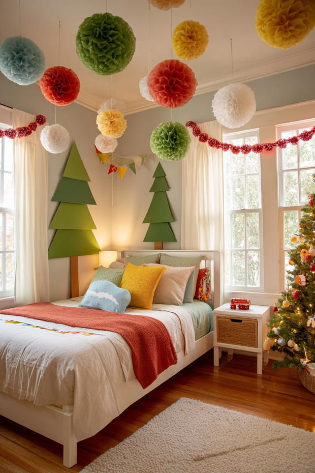 Kids' Bedroom with Construction Paper Trees and Popcorn Garlands