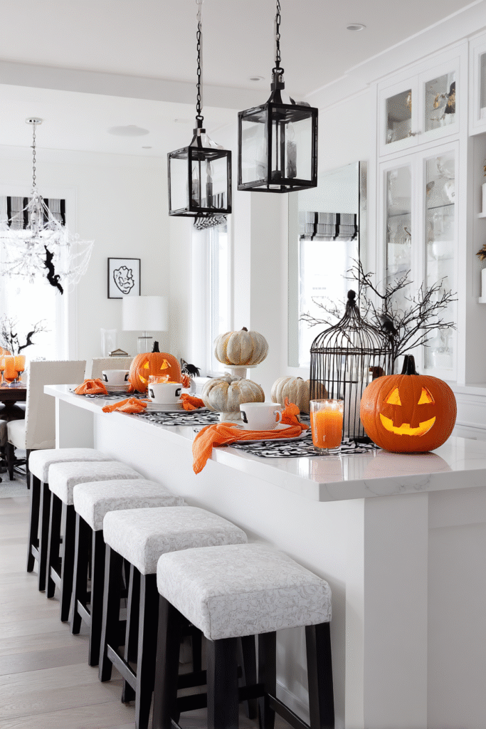 Kitchen Breakfast Bar Black White and Orange Halloween Decor Ideas
