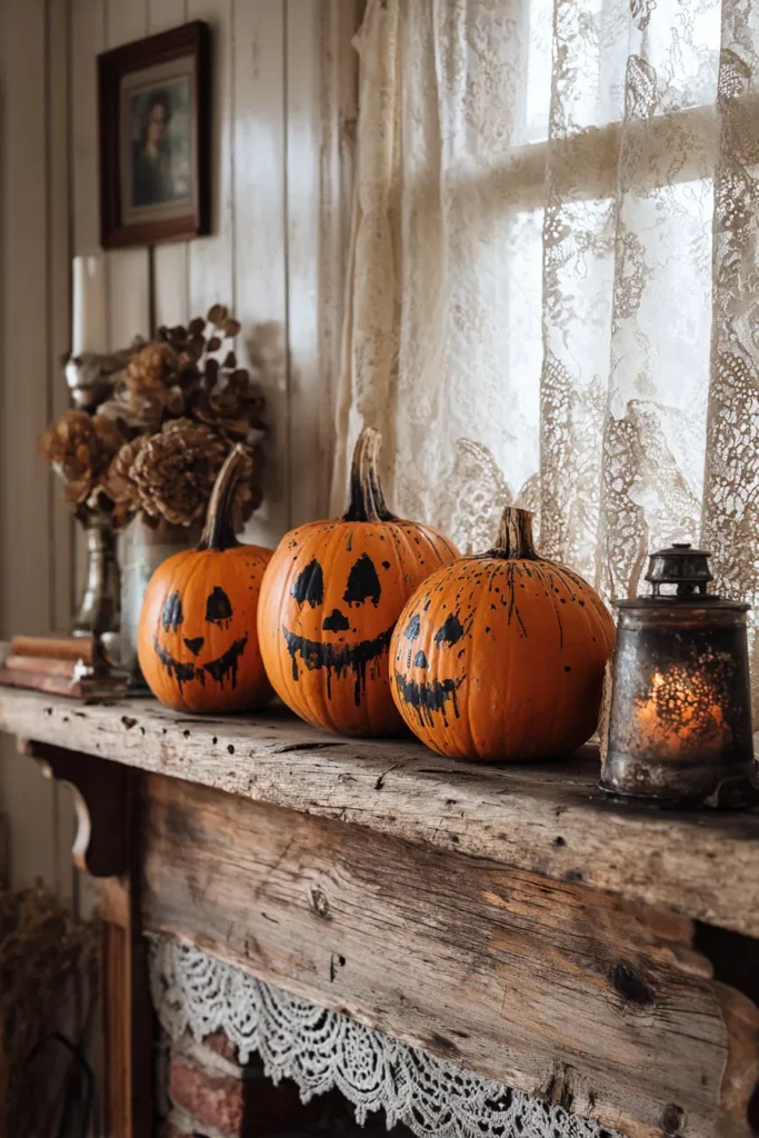 Rustic Farmhouse Pumpkin Painting on a Cozy Autumn Mantel