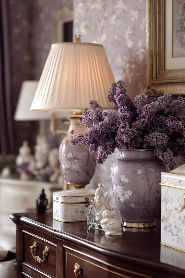 Traditional Bedroom with Porcelain Easter Figurines and Crystal Lilac Vases